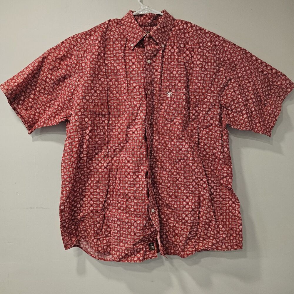 Ariat Stretch Mens L Red Geometric Western Button Down Short Sleeve Shirt